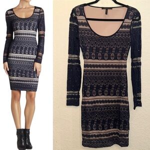 BCBG Maxazria Tanya XS Navy Blue Long Sleeve Lace Formfitting Mini Dress